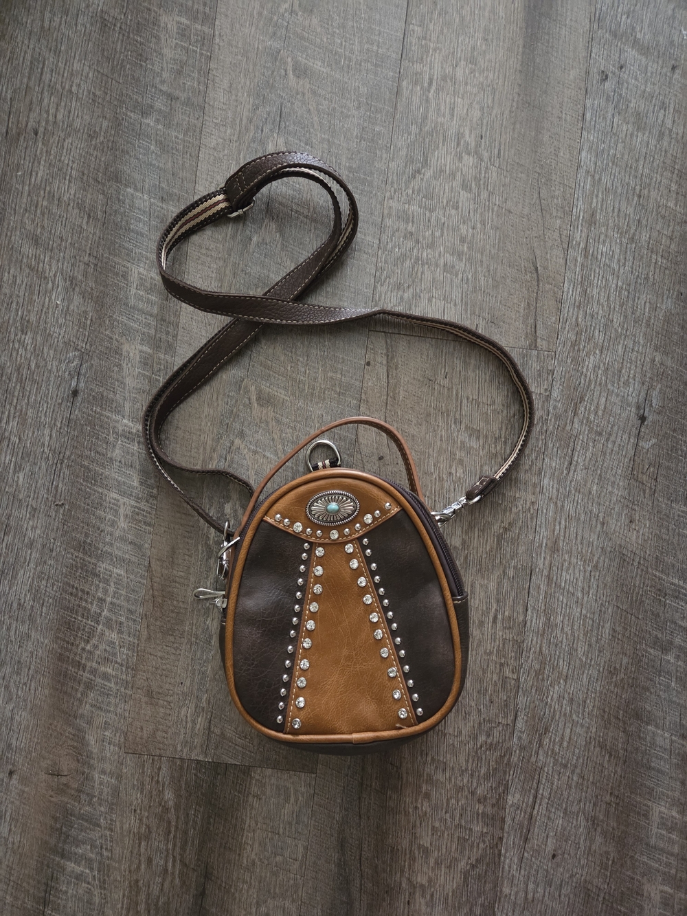 American Bling Brown and Tan Studded Crossbody Bag